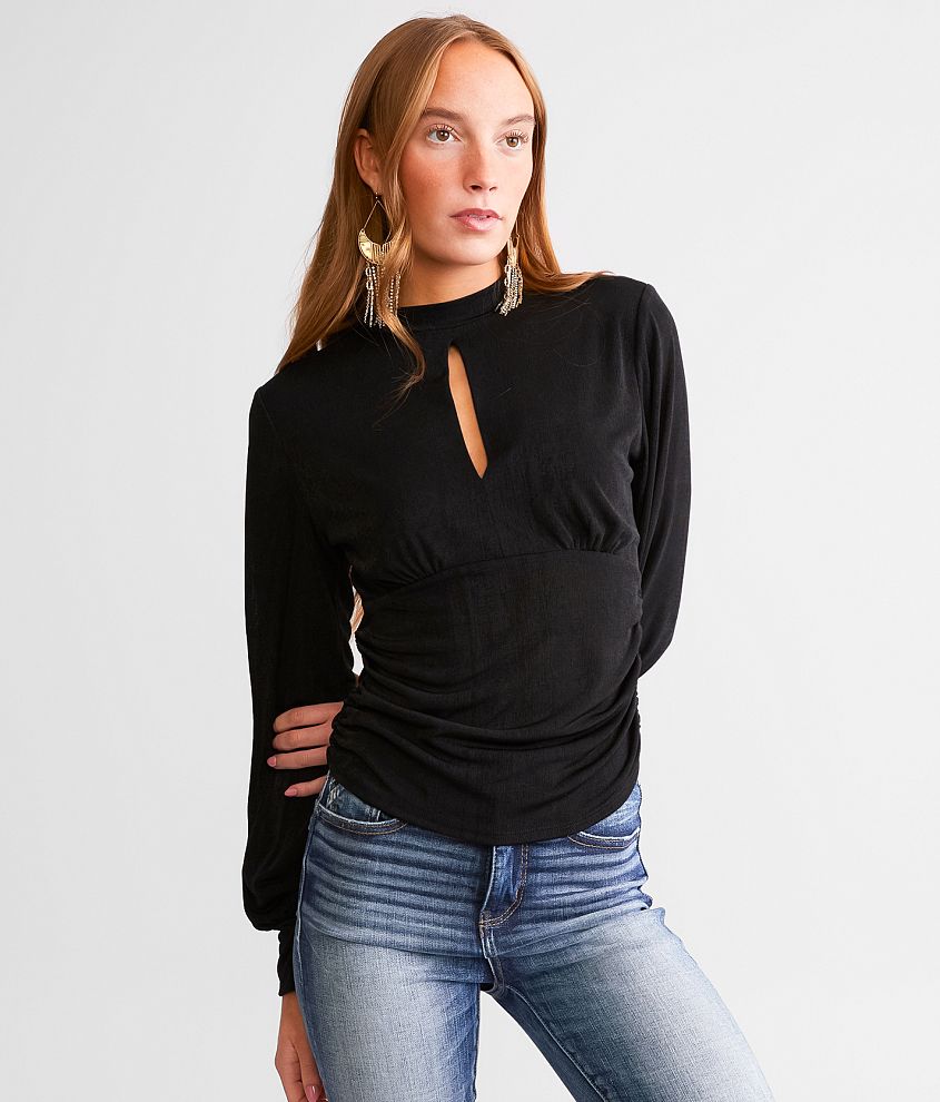 red by BKE Ruched Keyhole Top - Women's Shirts/Blouses in Black