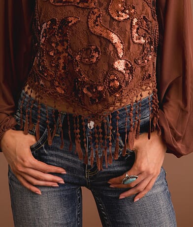 Sterling &amp; Stitch Sequin Lace Fringe Cropped Top misc detail 1 view