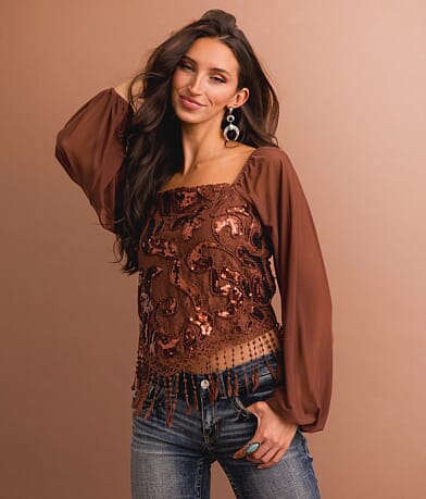 Sterling & Stitch Sequin Lace Fringe Cropped Top front view