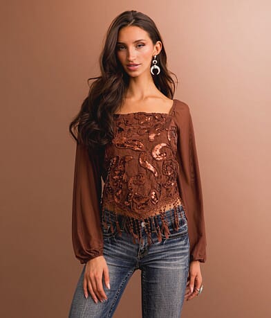 Sterling &amp; Stitch Sequin Lace Fringe Cropped Top full left side view