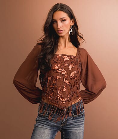 Sterling &amp; Stitch Sequin Lace Fringe Cropped Top full right side view