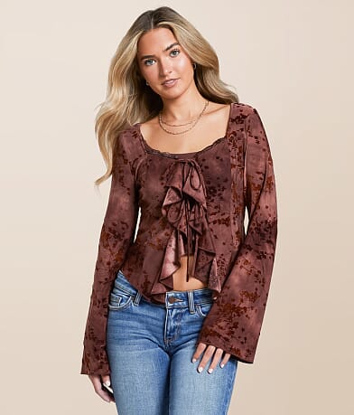 Willow & Root Floral Flocked Ruffle Top front view