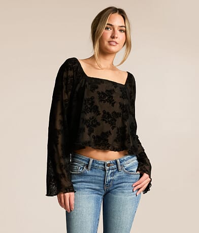 Willow & Root Flocked Floral Mesh Cropped Top front view