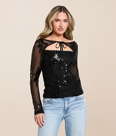 Willow & Root Floral Sequin Mesh Top front view