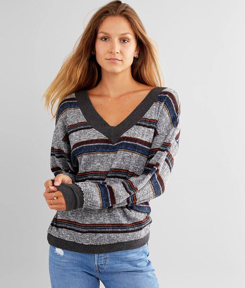 BKE Striped Double V-Neck Pullover front view