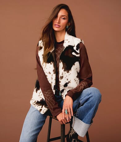 Sterling & Stitch Cow Print Faux Fur Vest front view