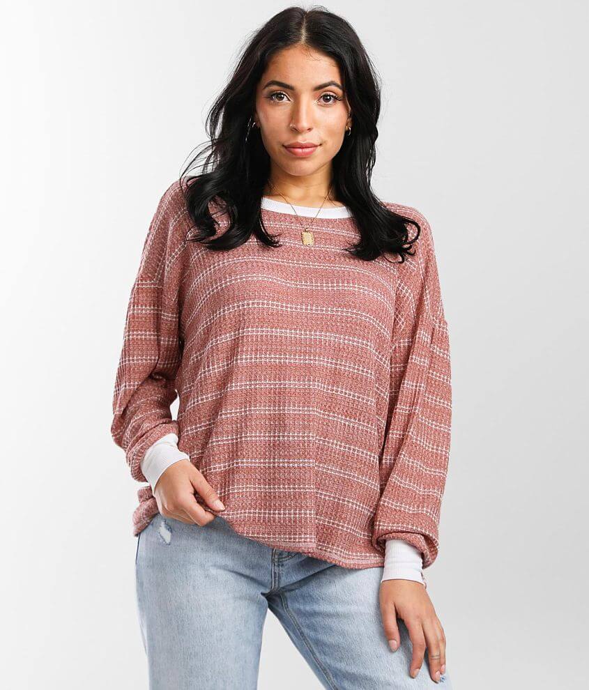 BKE Waffle Knit Top Women's Shirts/Blouses in Roxy Brown Cream Buckle