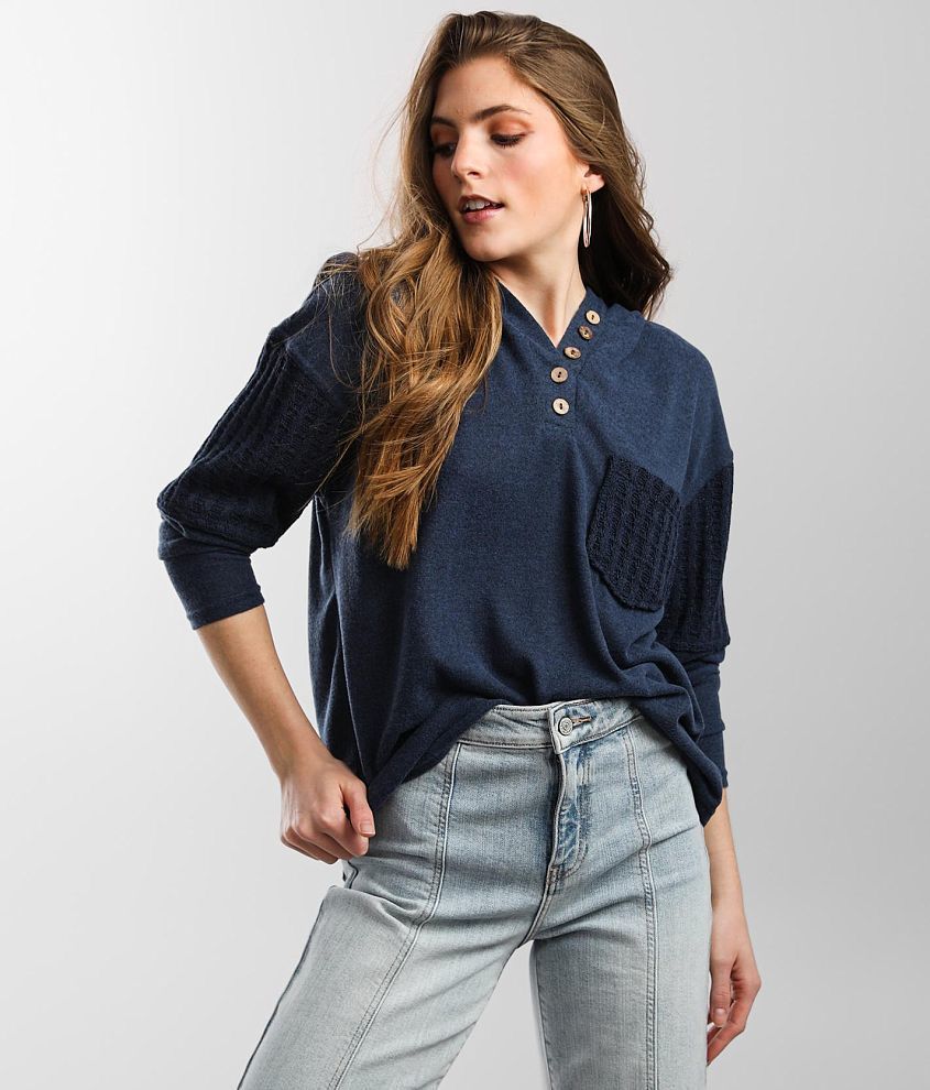 BKE Pieced Henley Hoodie Women s Shirts Blouses in Navy Buckle