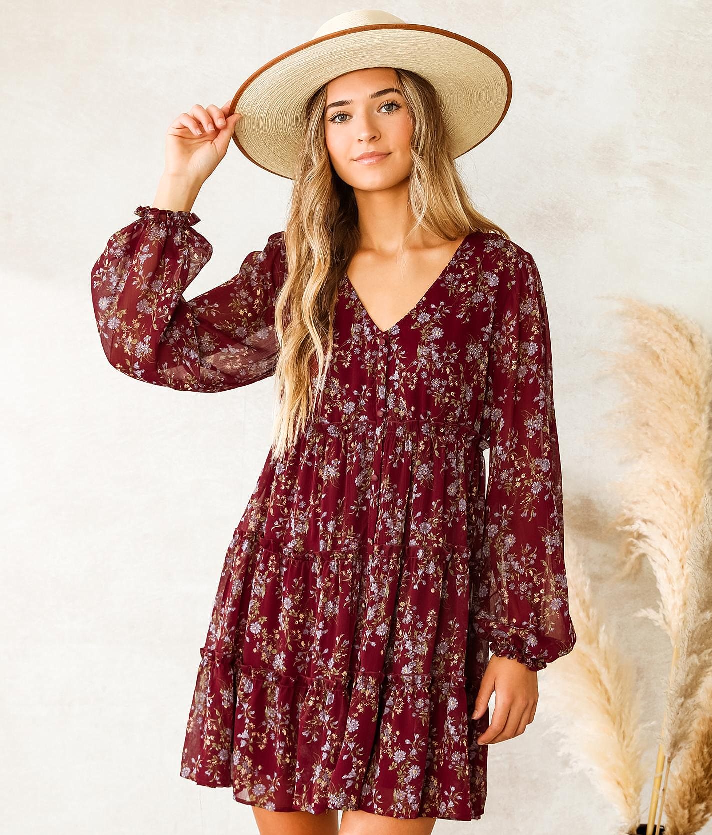 Inspired Hearts Floral Tiered Babydoll Dress - Women's Dresses in Wine  Lilac | Buckle