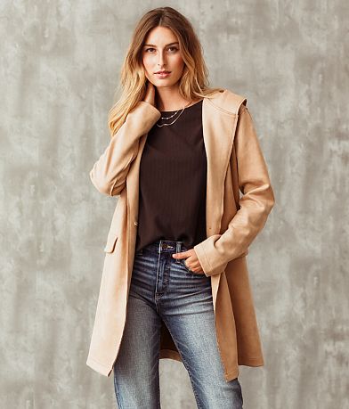 Buckle Black Faux Suede Hooded Jacket front view