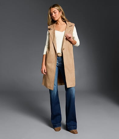 Buckle Black Faux Suede Blazer Vest front view