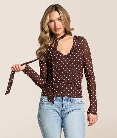 Willow & Root Polka Dot Mesh Top With Detachable Scarf front view