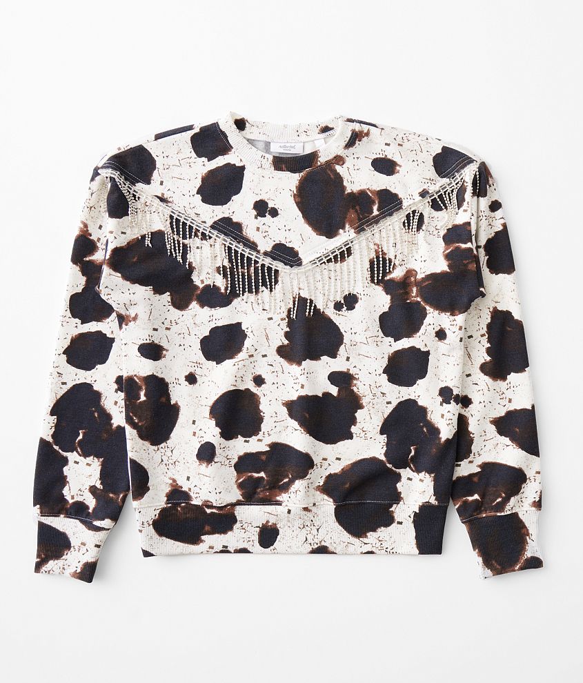 Girls - Willow &#38; Root Fringe Cow Print Pullover front view