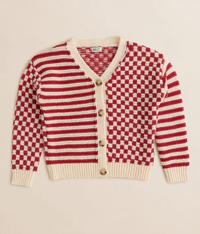 BKE Girls - Checkered Stripe Cardigan Sweater front view