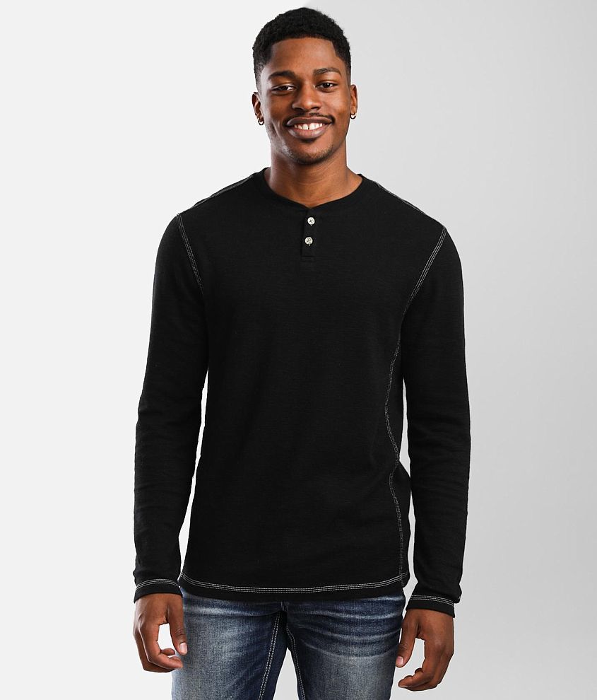 Men's Tall Three Button Long Sleeve Slub Henley in Black XL / Extra Tall / Black