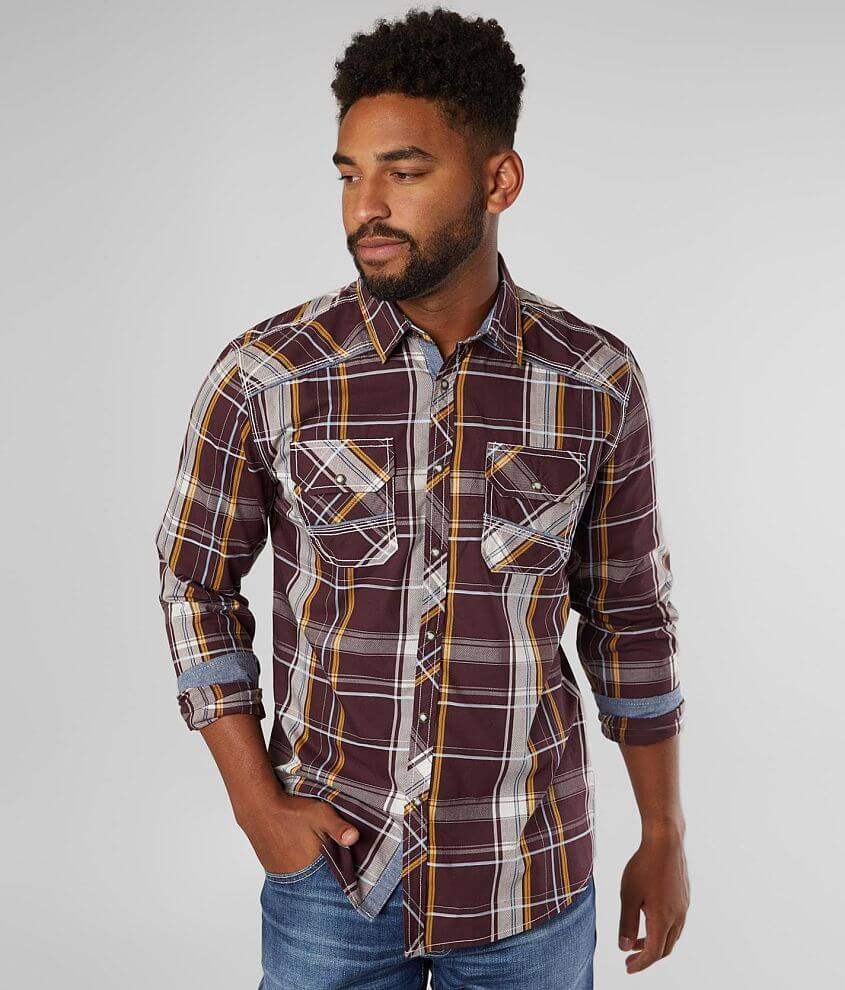 BKE Plaid Athletic Shirt - Men's Shirts in Burgundy Gold | Buckle