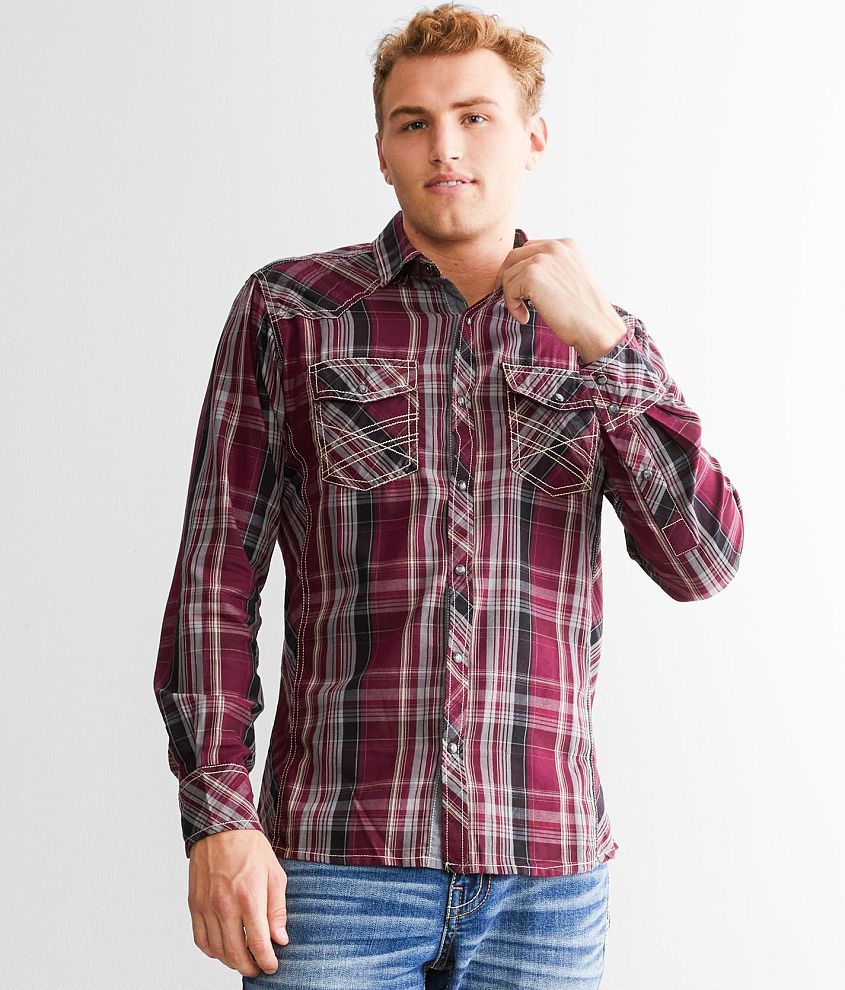 BKE Plaid Standard Shirt - Men's Shirts in Burgundy Black | Buckle