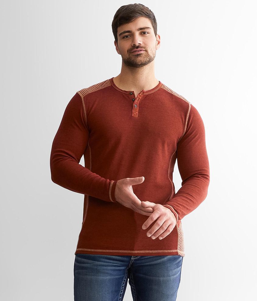 Buckle Black Embroidered Thermal Henley - Men's T-Shirts in Tawny