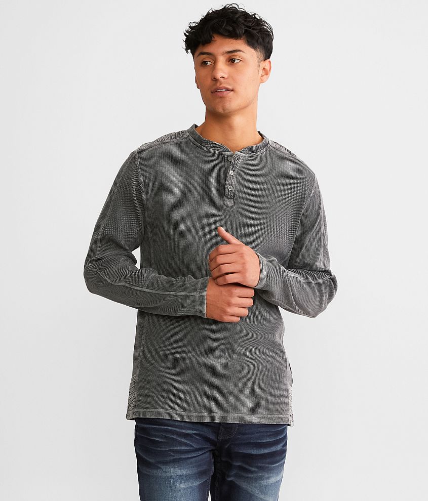 Buckle Black Embroidered Thermal Henley - Men's T-Shirts in Tawny