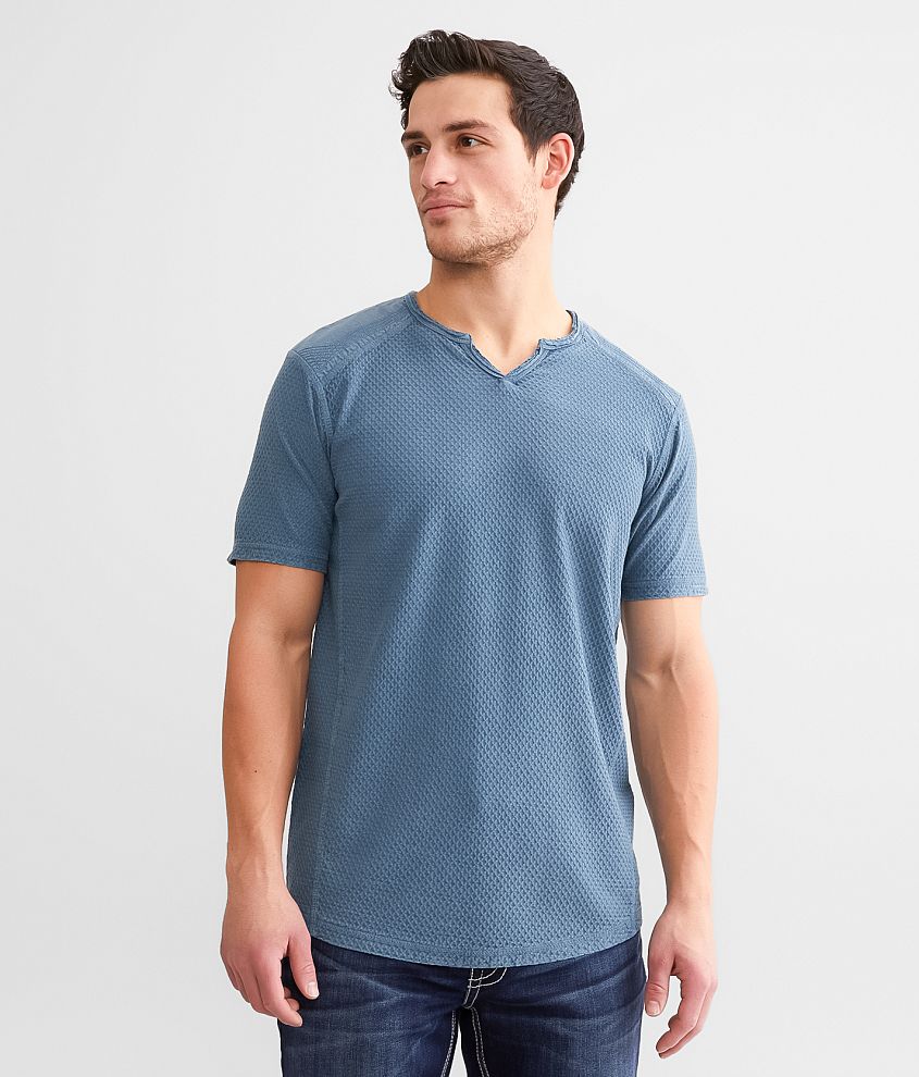 Buckle Black Textured Notch Neck T-Shirt - Men's T-Shirts in Blue