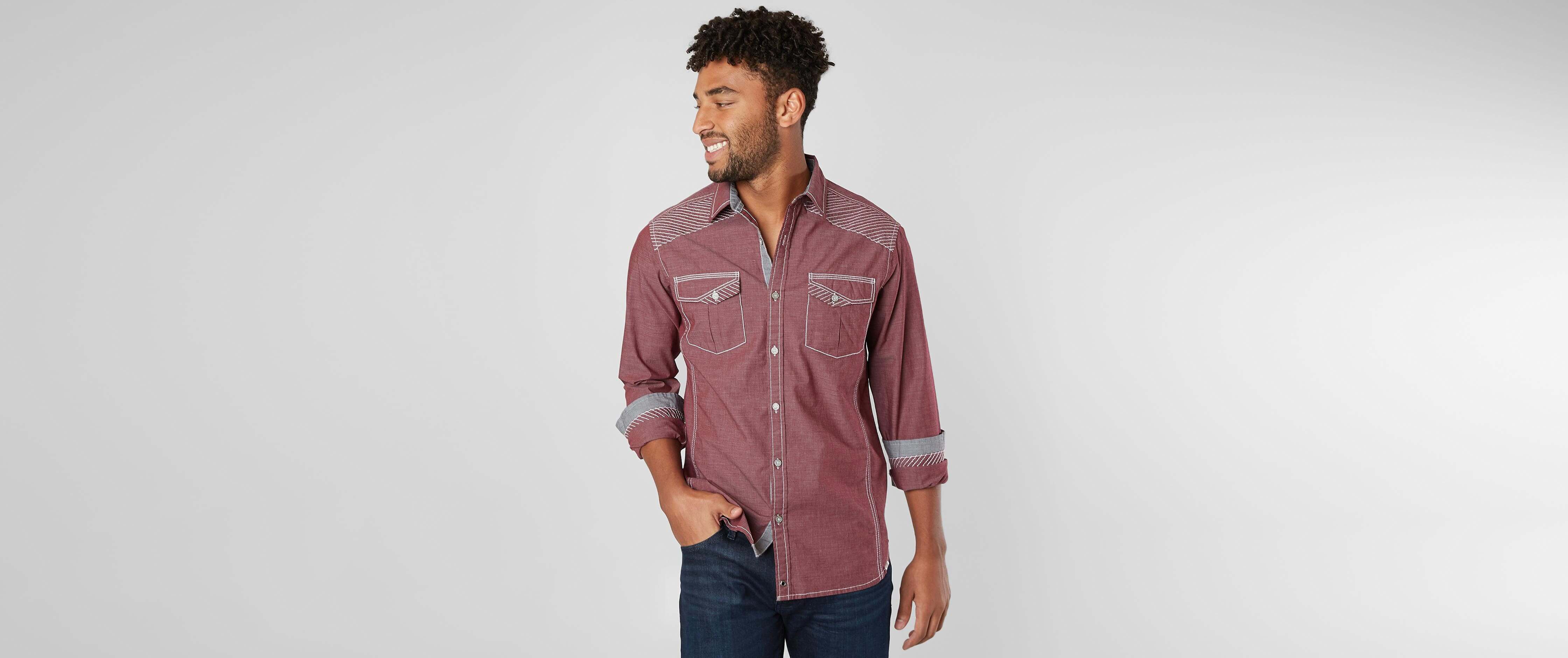 Buckle Black Embroidered Stretch Shirt Men's Shirts in Burgundy Buckle