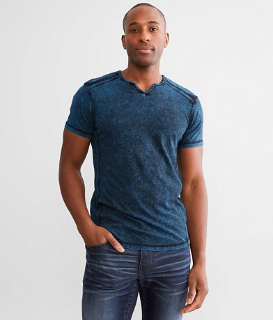 Buckle Black Textured Notch Neck T-Shirt - Men's T-Shirts in Blue