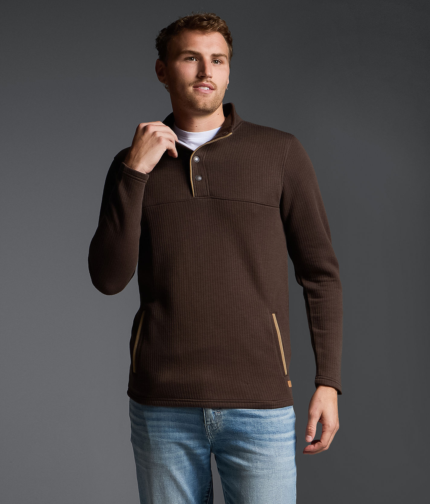 Y'S for men ハイネック ポケット付き 長袖ニット セーター ブラウン Outpost Makers Quarter Snap Pullover - Men's Sweatshirts in