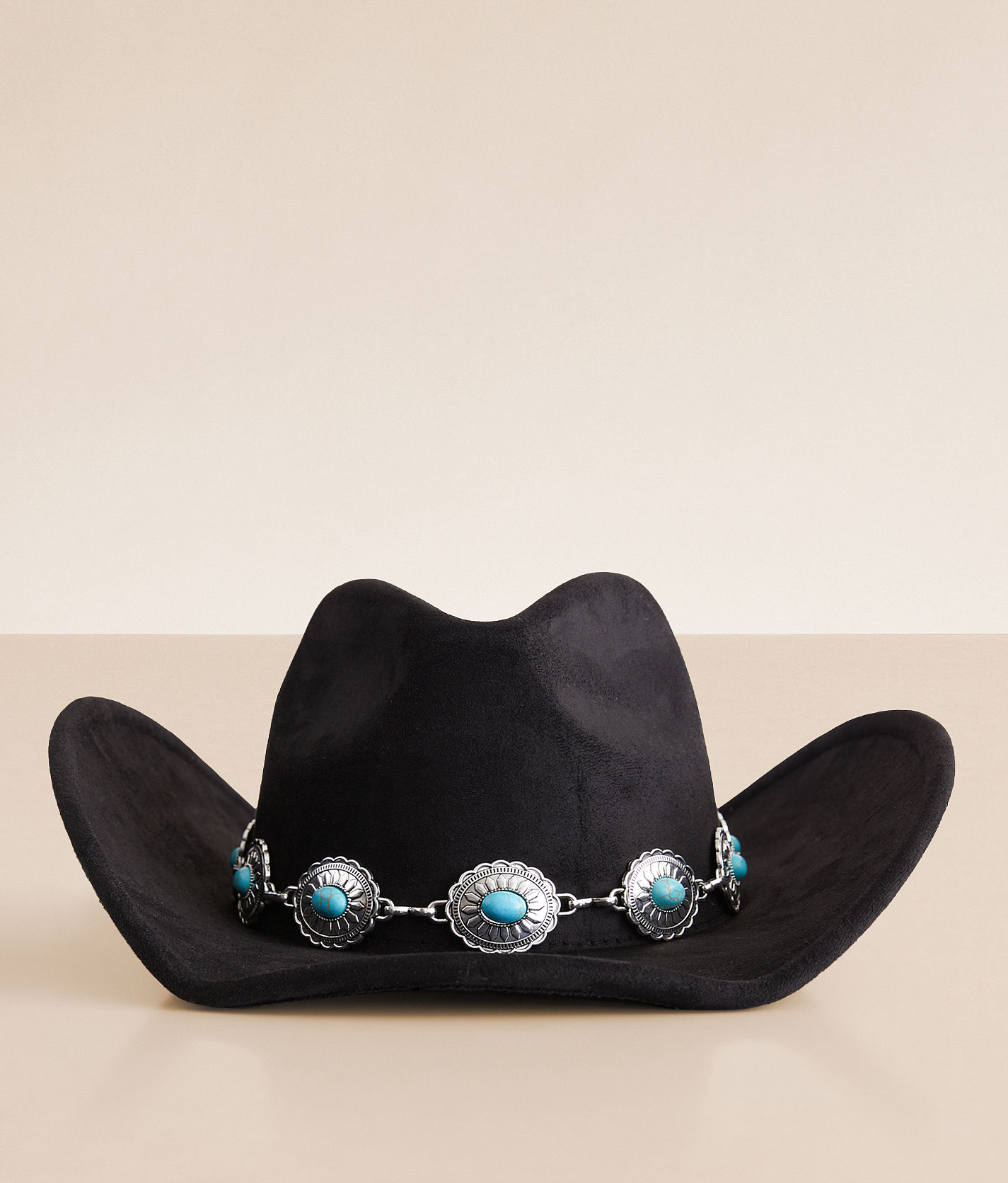 FRYE Women\'s Black Wide Brim Western Cowboy Hat Turquoise Concho Band‎ NWT O/S Frye Black Fedora Hat Cowgirl Cowboy Western w/ Band Hat  main image 3