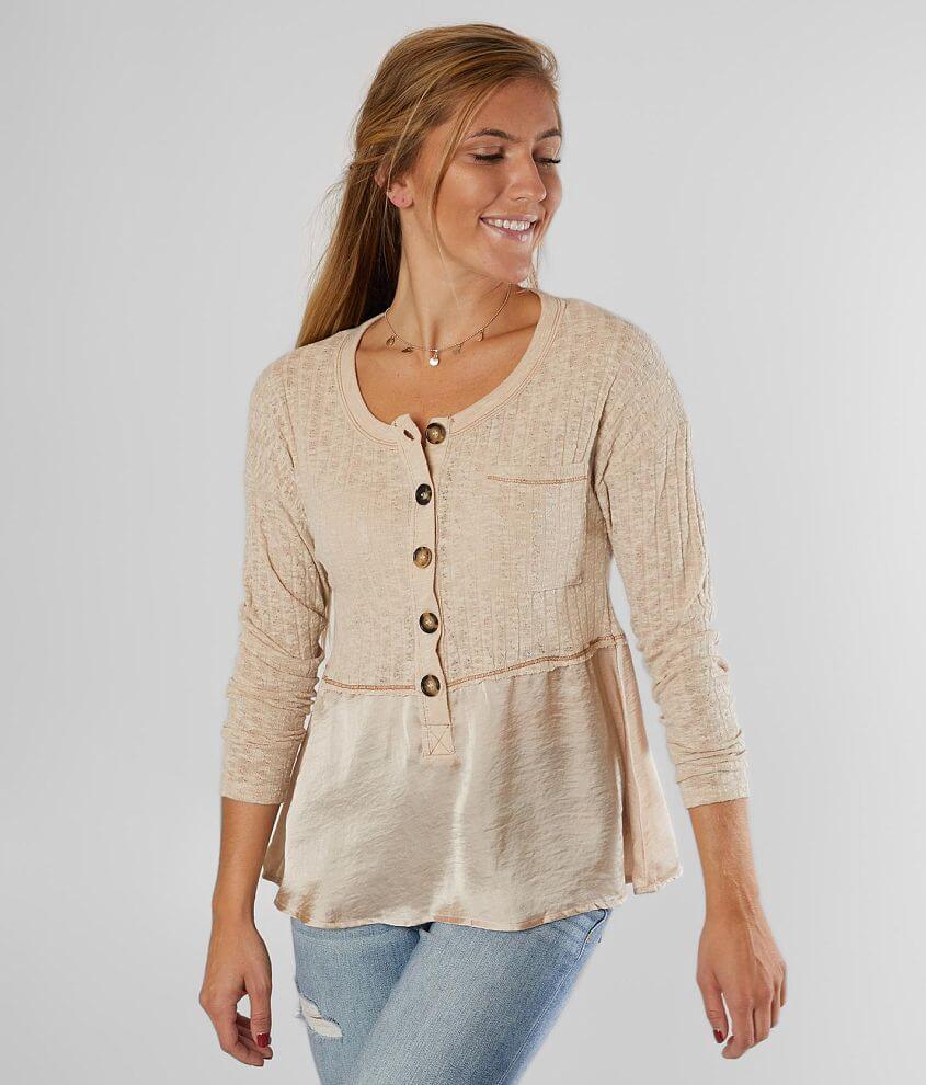 Coco &#43; Jaimeson Pieced Satin Henley Top front view