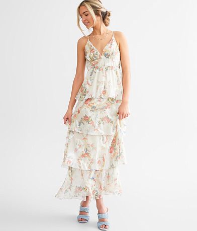 fanco Floral Jacquard Chiffon Tiered Midi Dress front view