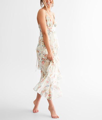 fanco Floral Jacquard Chiffon Tiered Midi Dress FULL_LEFT_SIDE