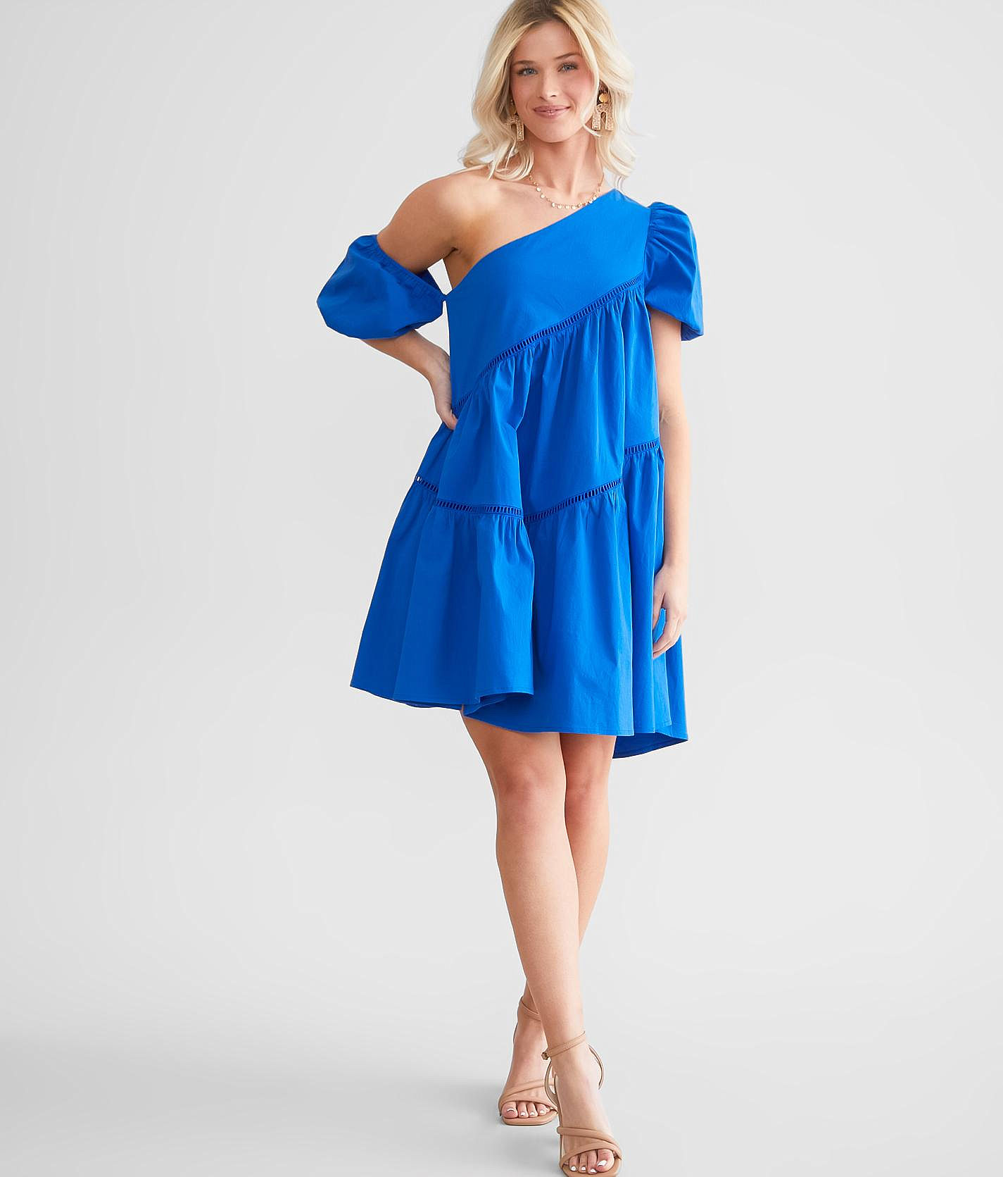 Studded Stretch Viscose Blend One-Shoulder Dress