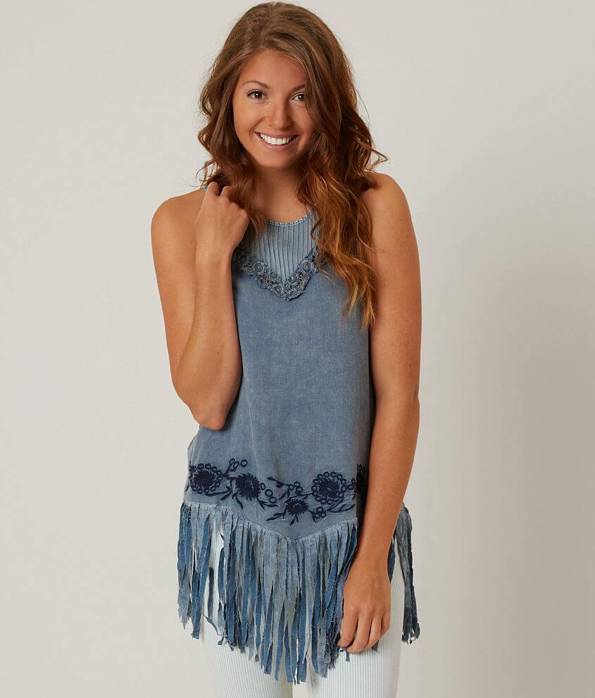 Gimmicks Floral Embroidered Fringe Tank Top front view