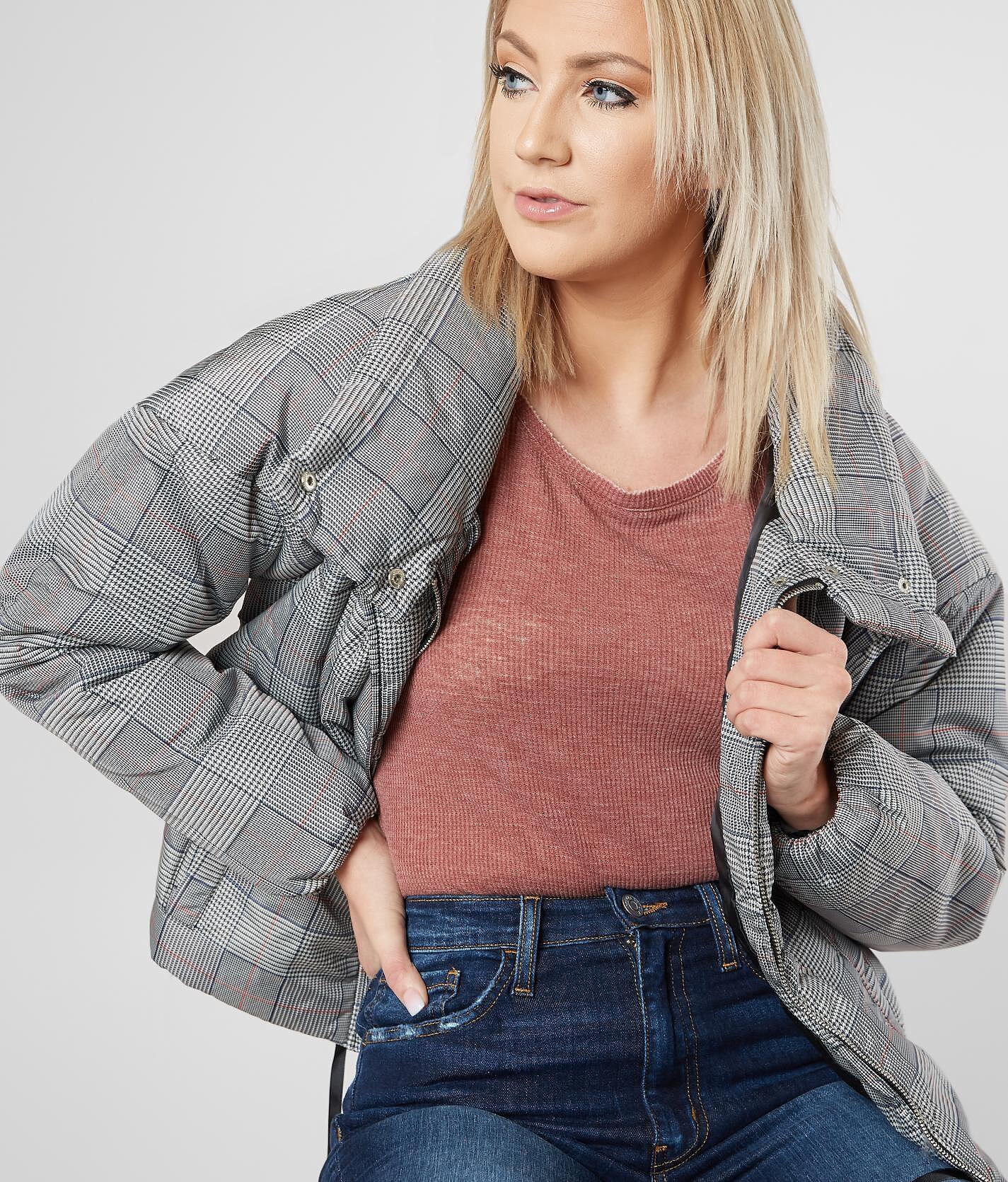 plaid puffer jacket women's