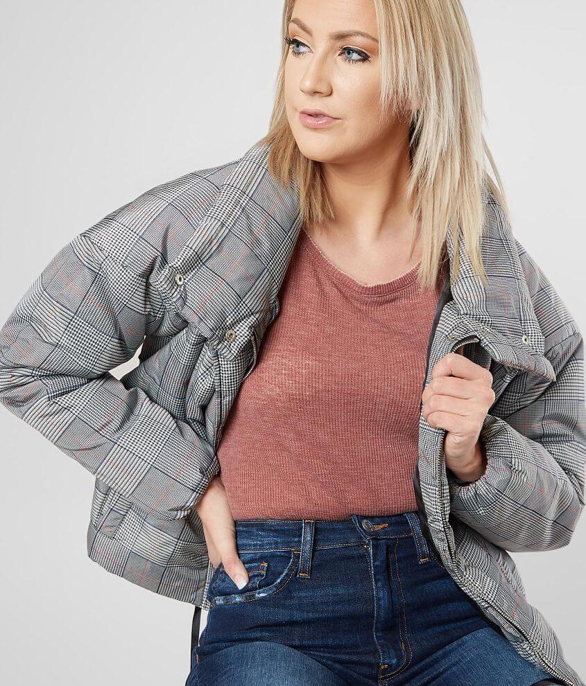 Grey checked puffer on sale jacket