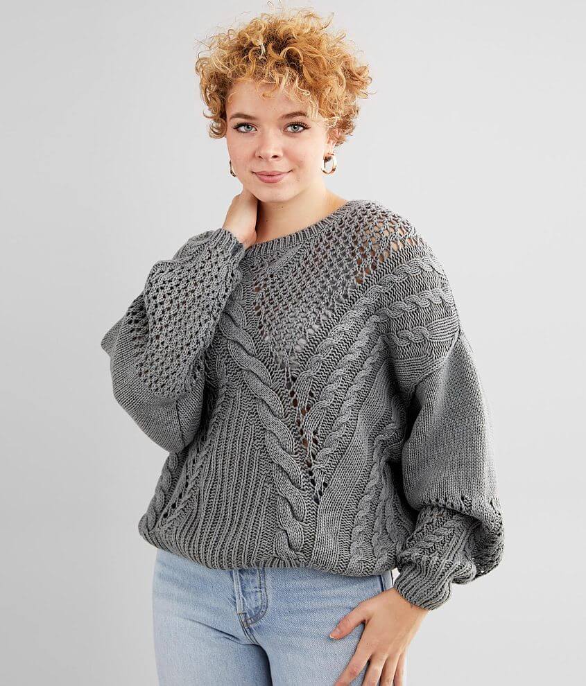Faux Fur Detailed Pointelle Cable Knit Sweater main image 0