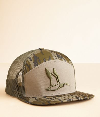 Roost Waterfowl Camo Duck Trucker Hat front view