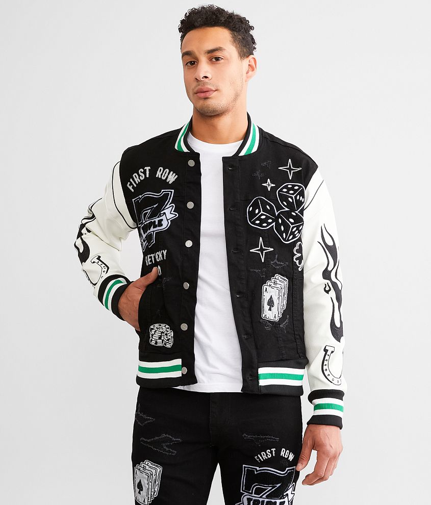 ALL OVER EMBROIDERED VARSITY DENIM JACKET