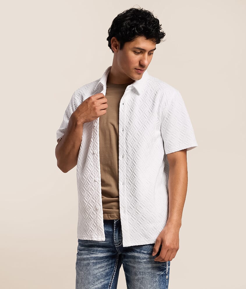 mens white textured dress shirt Embrace Elegance with SeaScape's White Textured Knit Button-Down Shirt, 4X-LARGE