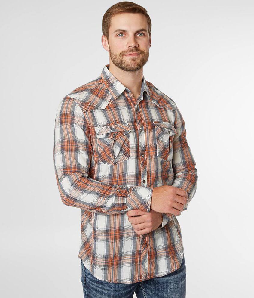 BKE Plaid Athletic Shirt - Men's Shirts in Navy Orange | Buckle