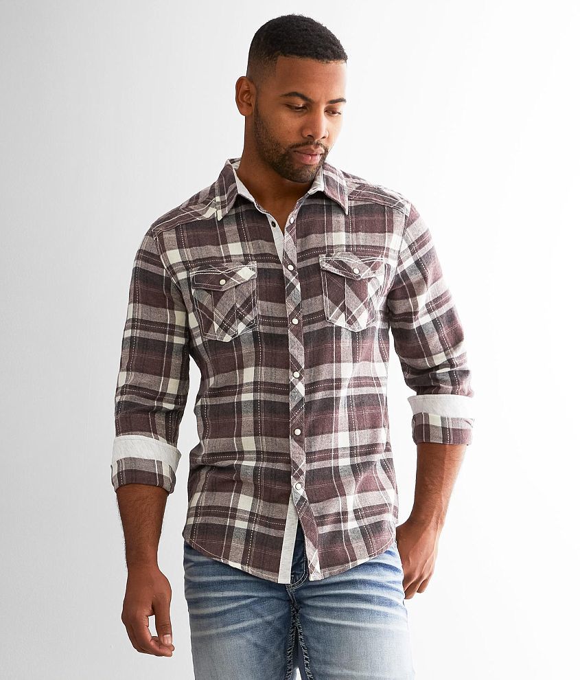 BKE Brushed Plaid Athletic Shirt - Men's Shirts in Burgundy Black