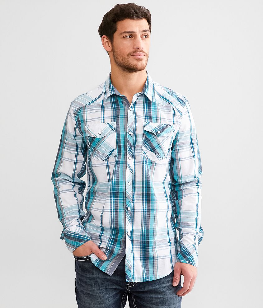 BKE Plaid Athletic Shirt - Men's Shirts in White Grey Turquoise | Buckle