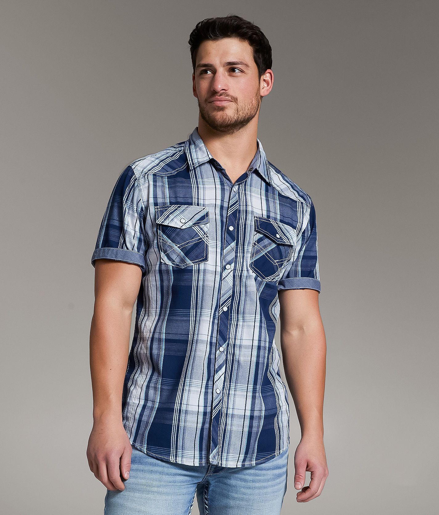 bke dress shirts BKE Athletic Fit Mens Long Sleeve Button Down Pearl Snap Plaid Shirt 2XL