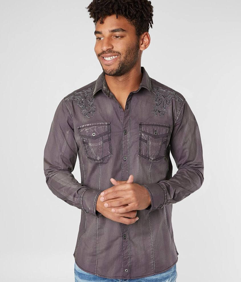Buckle Black Embroidered Standard Stretch Shirt - Men's Shirts in ...
