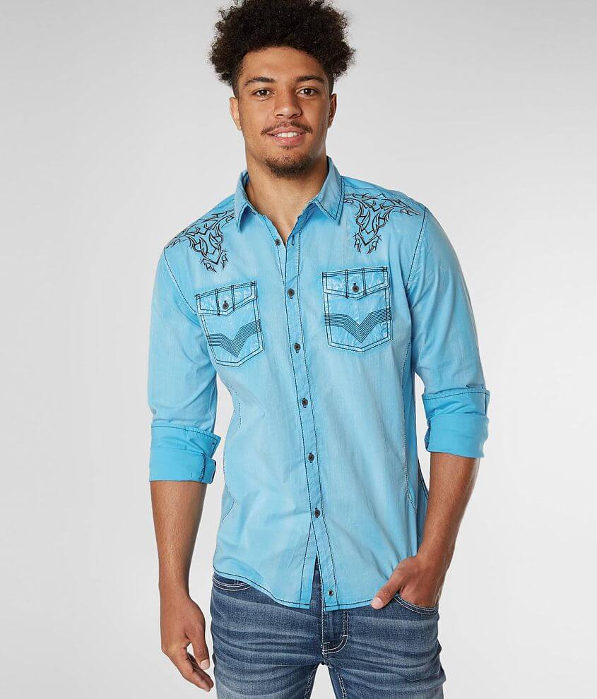 Buckle Black Washed Athletic Stretch Shirt Men's Shirts in Cyan Buckle