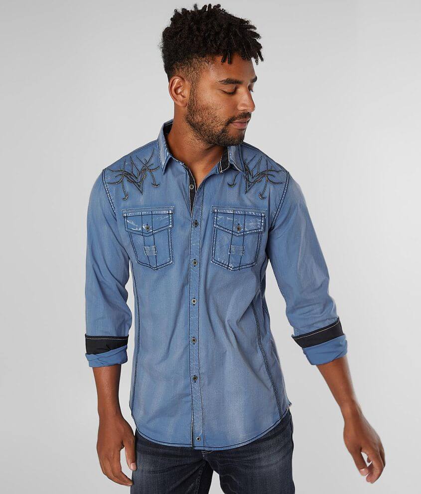 Buckle Black Embroidered Athletic Stretch Shirt - Men's Shirts in Blue ...