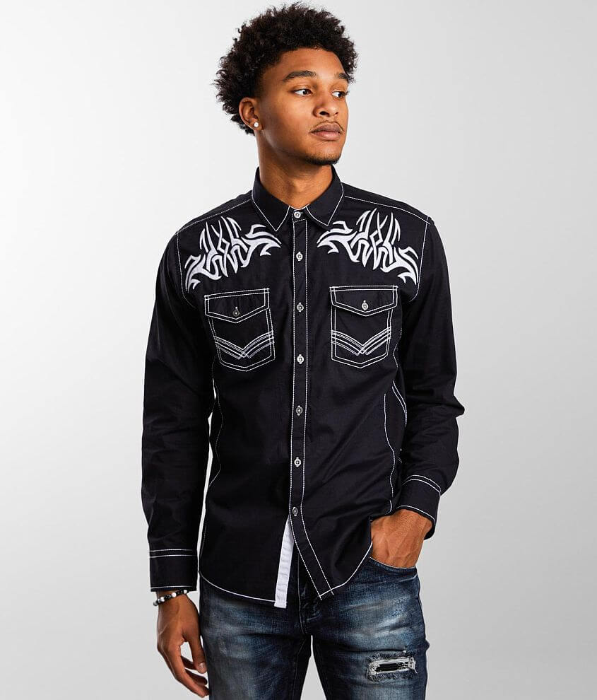 Buckle Black Embroidered Athletic Stretch Shirt front view