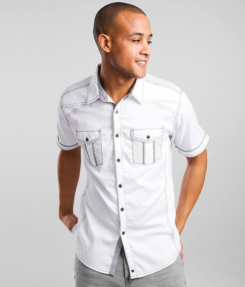 Buckle Black Embroidered Athletic Stretch Shirt - Men's Shirts in White ...