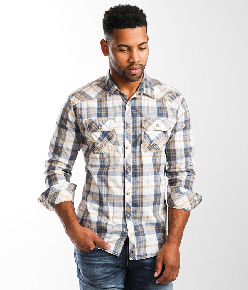 Buckle Black Plaid Athletic Stretch Shirt Men's Shirts in Gold Navy