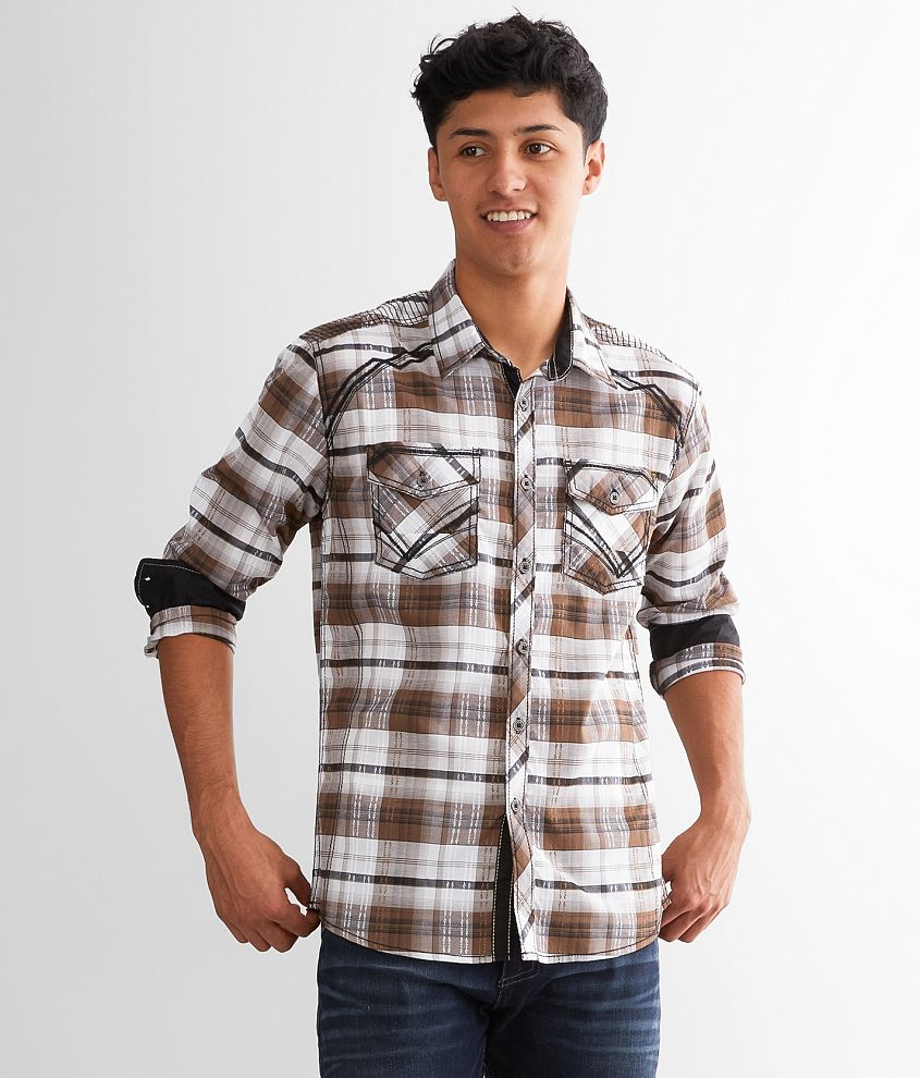Buckle Black Plaid Standard Stretch Shirt Men's Shirts in Brown White